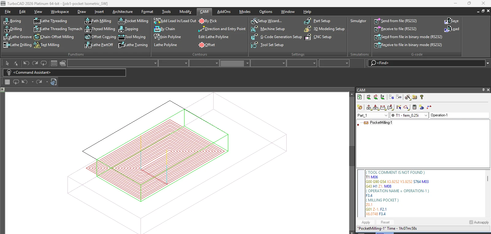 CAM pocket milling toolpath and G-code in TurboCAD 2026 Platinum