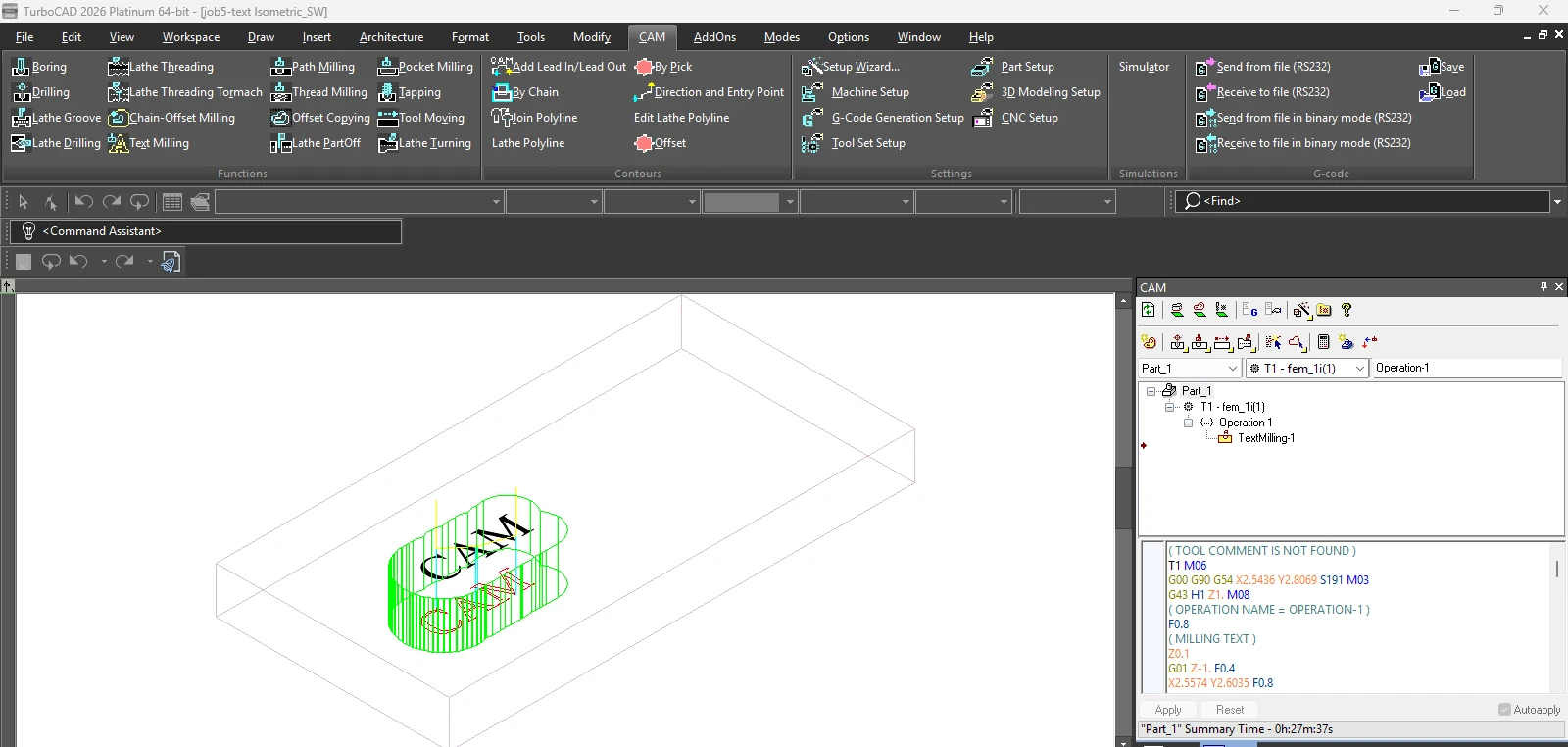 CAM text milling in TurboCAD 2026 Platinum